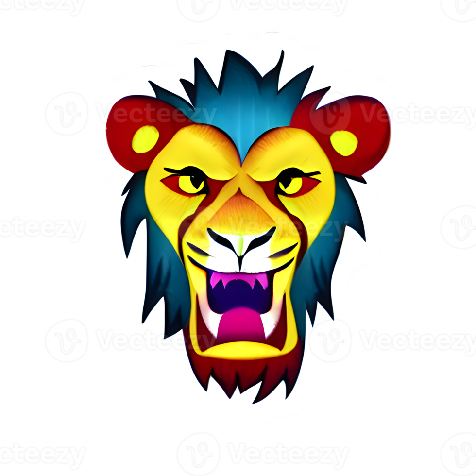 logotipo de cabeza de leones coloridos, pegatina de cara de leones, estilo de arte pop moderno, fondo negro oscuro. png