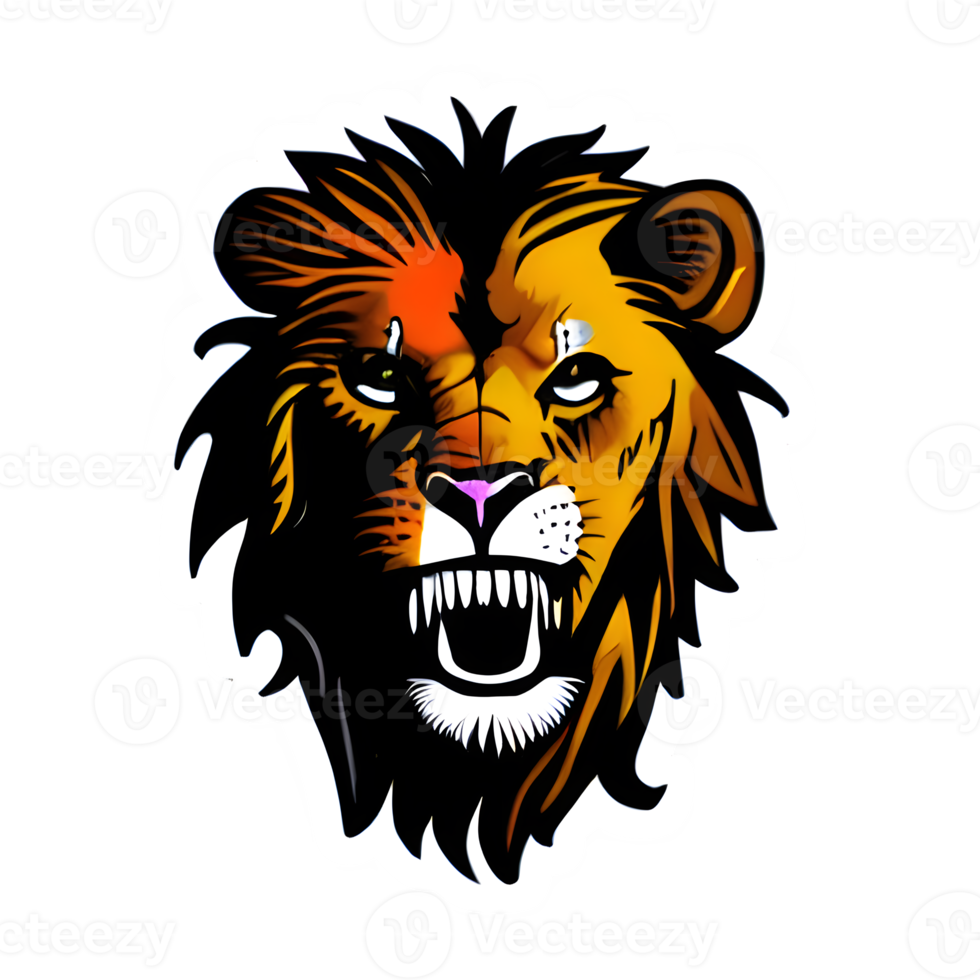 logotipo de cabeza de leones coloridos, pegatina de cara de leones, estilo de arte pop moderno, fondo negro oscuro. png