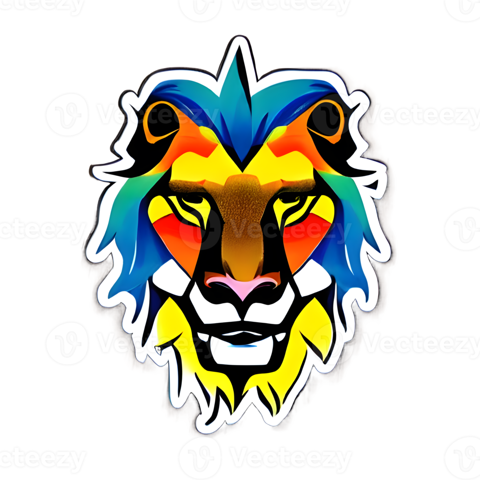 Colorful lions Head Logo, lions face Sticker, modern pop art style, dark Black background. png