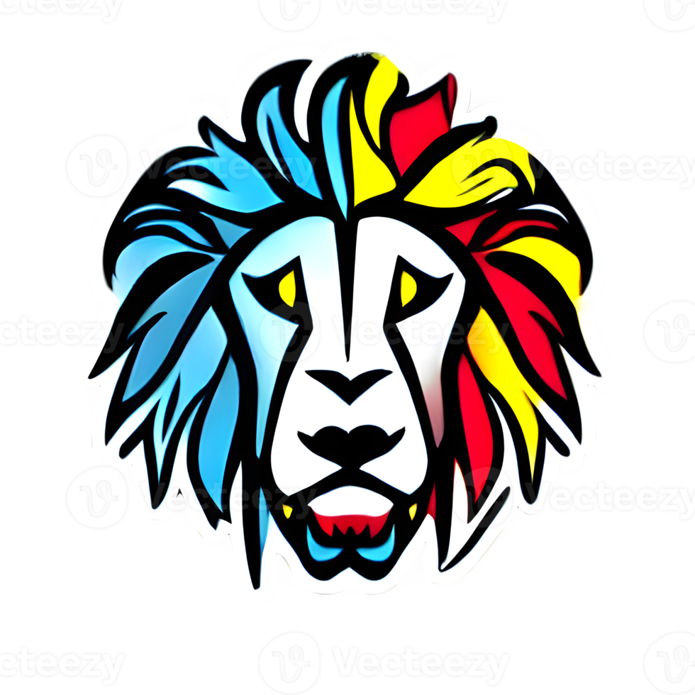 Colorful lions Head Logo, lions face Sticker, modern pop art style, dark Black background. png