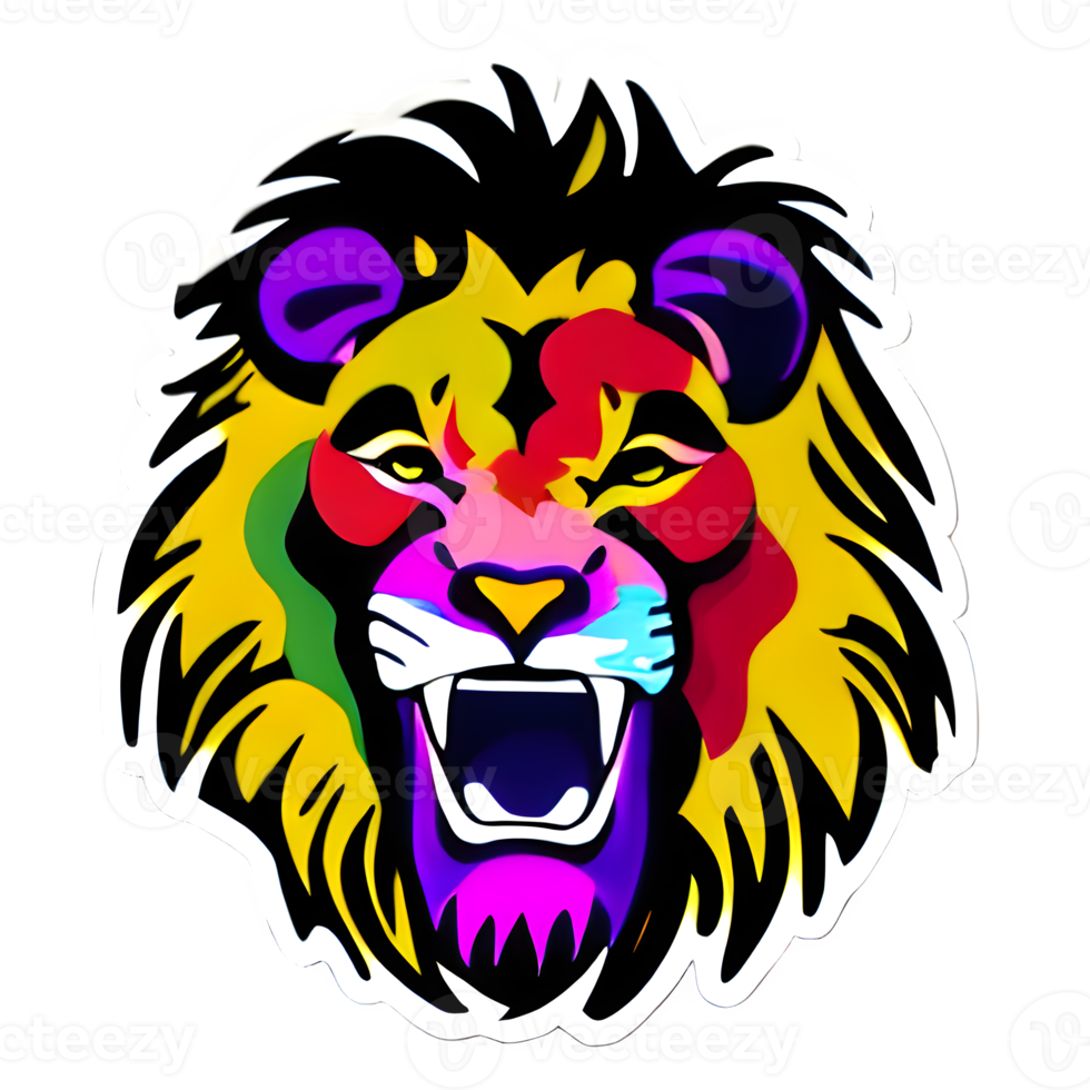 Colorful lions Head Logo, lions face Sticker, modern pop art style, dark Black background. png