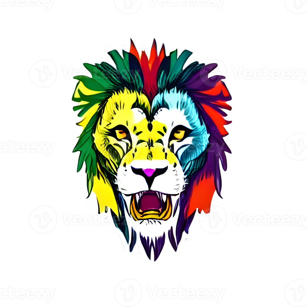 Colorful lions Head Logo, lions face Sticker, modern pop art style, dark Black background. png