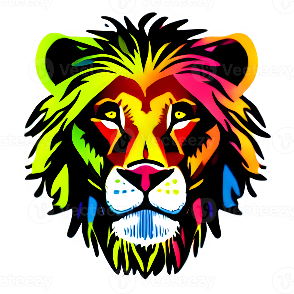 colorato leoni testa logo, leoni viso etichetta, moderno pop arte stile, buio nero sfondo. png