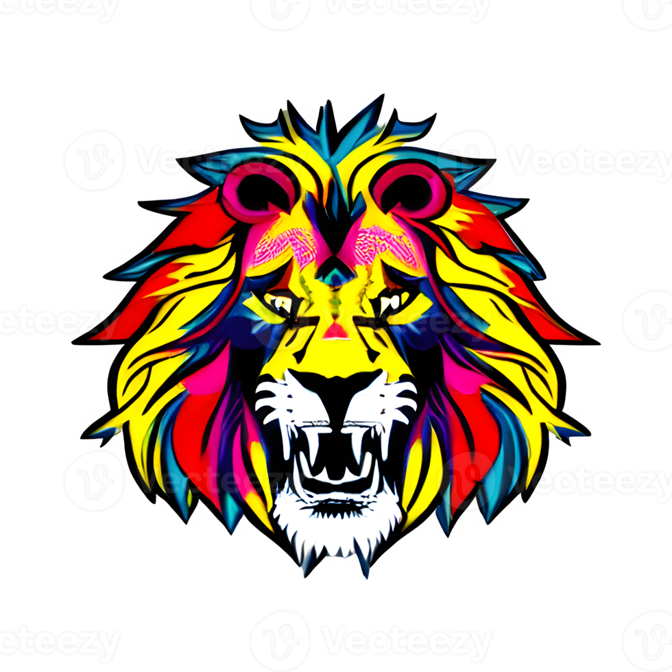 logo de tête de lions colorés, autocollant de visage de lions, style pop art moderne, fond noir foncé. png