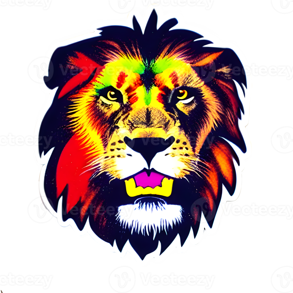 Colorful lions Head Logo, lions face Sticker, modern pop art style, dark Black background. png