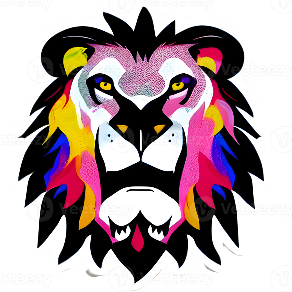 Colorful lions Head Logo, lions face Sticker, modern pop art style, dark Black background. png