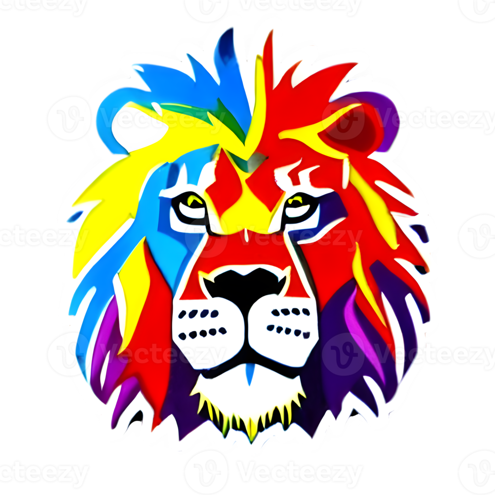 colorato leoni testa logo, leoni viso etichetta, moderno pop arte stile, buio nero sfondo. png