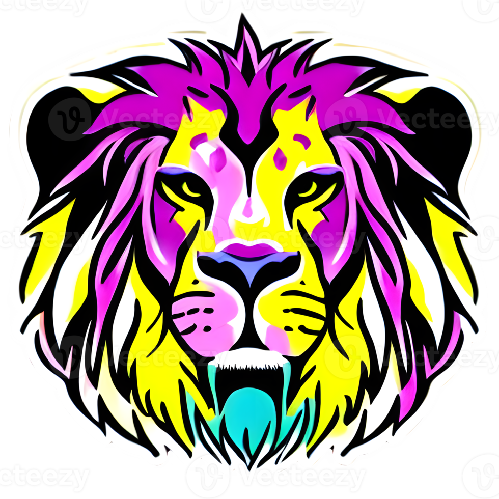 Colorful lions Head Logo, lions face Sticker, modern pop art style, dark Black background. png