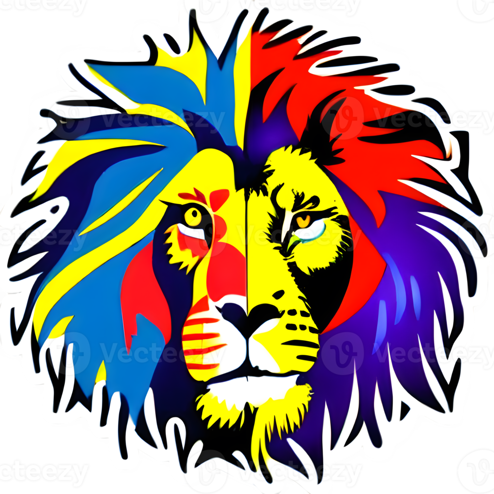 logotipo de cabeza de leones coloridos, pegatina de cara de leones, estilo de arte pop moderno, fondo negro oscuro. png