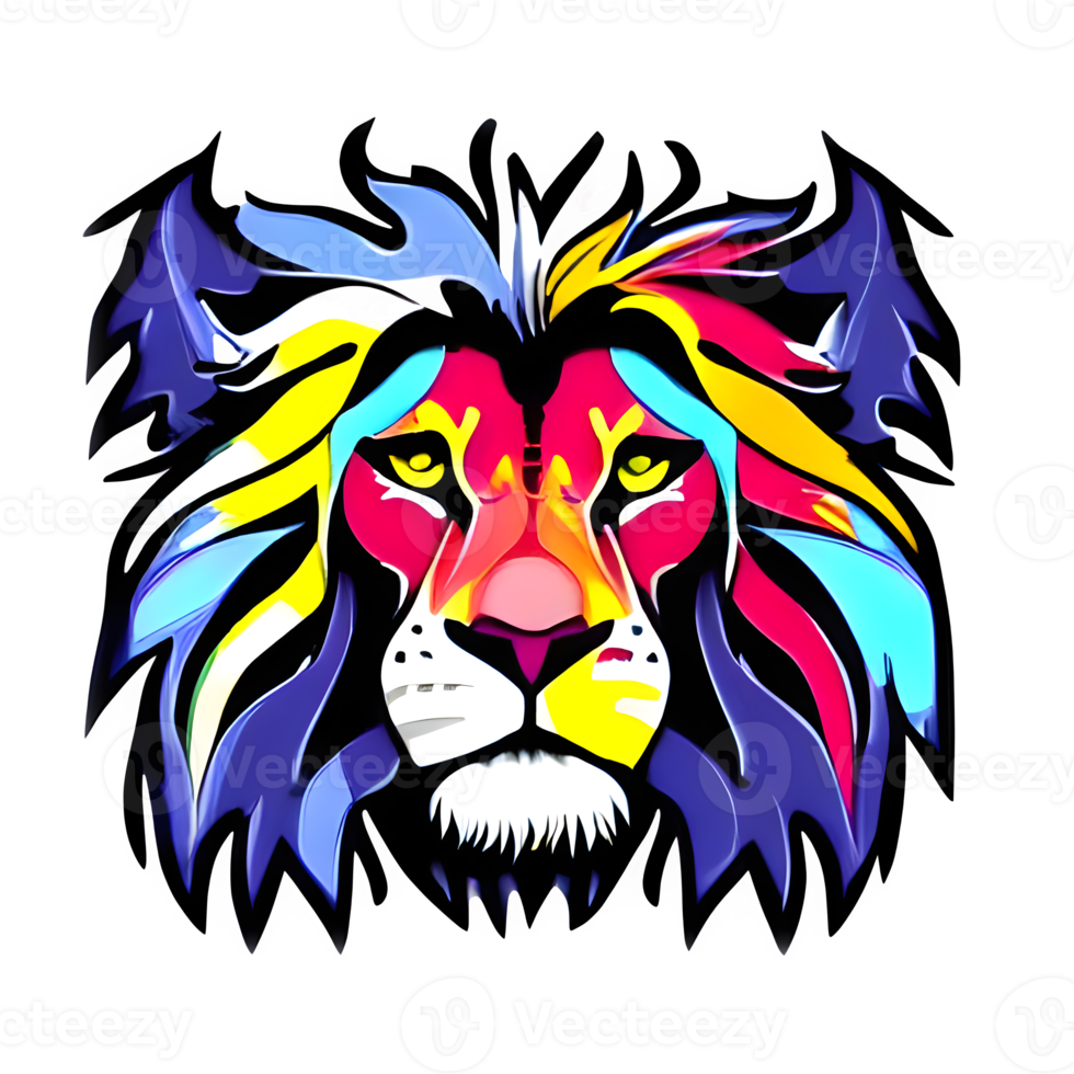 Colorful lions Head Logo, lions face Sticker, modern pop art style, dark Black background. png