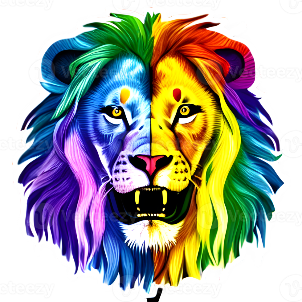 logotipo de cabeza de leones coloridos, pegatina de cara de leones, estilo de arte pop moderno, fondo negro oscuro. png