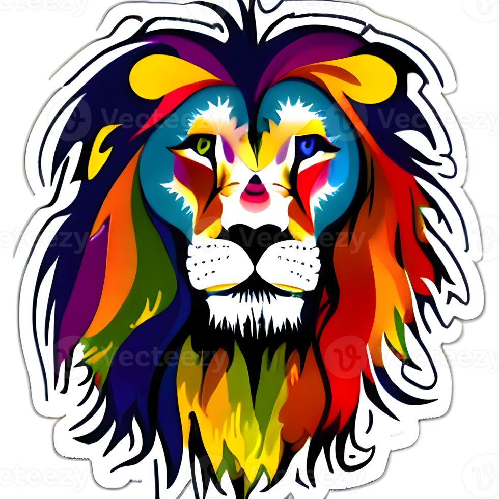 Colorful lions Head Logo, lions face Sticker, modern pop art style, dark Black background. png