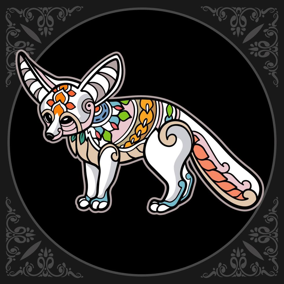 Colorful fennec fox mandala arts isolated on black background vector