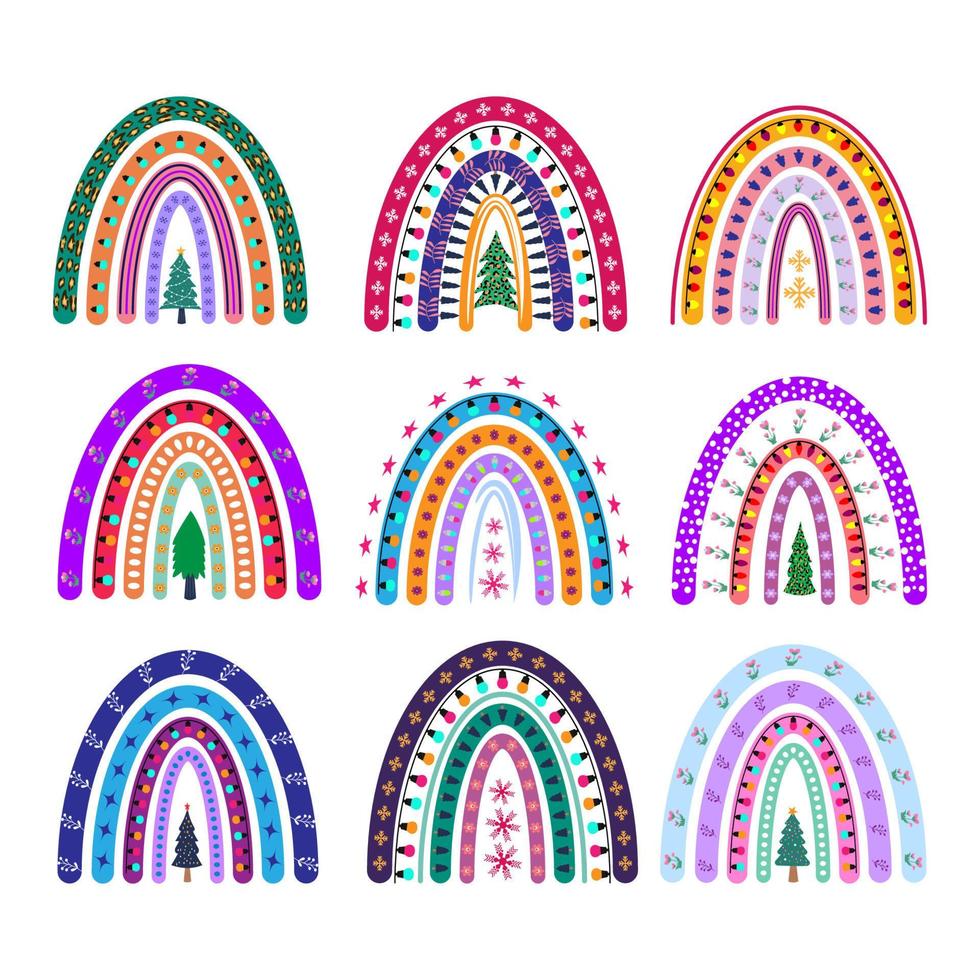 conjunto de arco iris de navidad. elementos decorativos de año nuevo aislado colección de frases de navidad. divertida ilustración de arco iris de vacaciones de navidad. gráfico decorativo garabato divertido vector