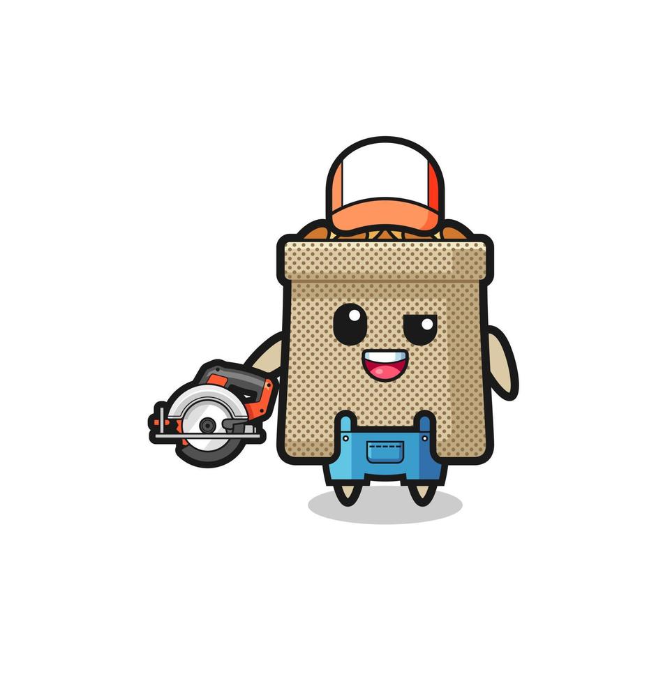 the woodworker wheat sack mascot holding a circular saw vector