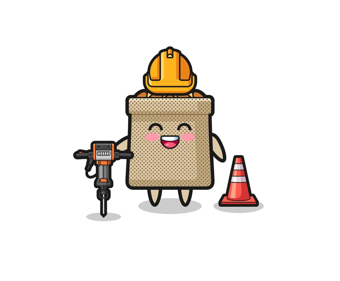 road worker mascot of wheat sack holding drill machine vector