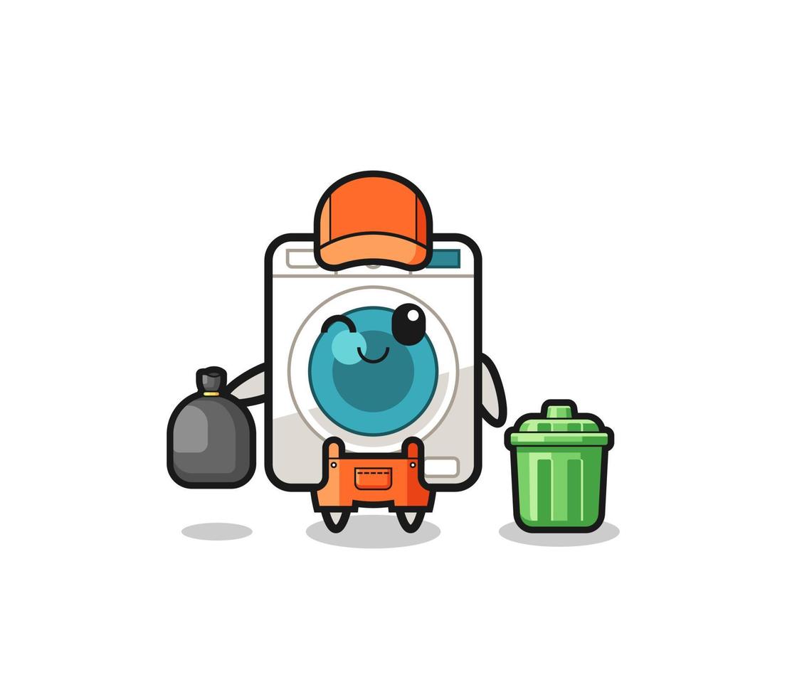 the mascot of cute washing machine as garbage collector vector