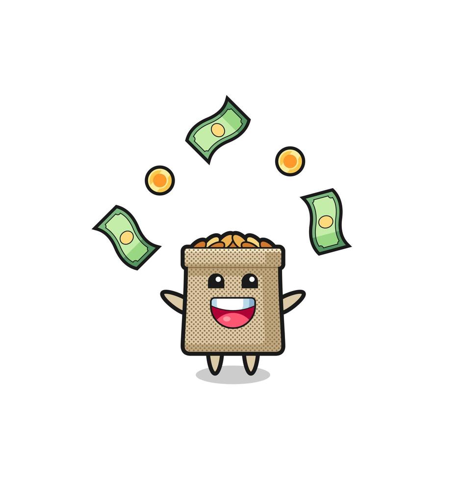 illustration of the wheat sack catching money falling from the sky vector