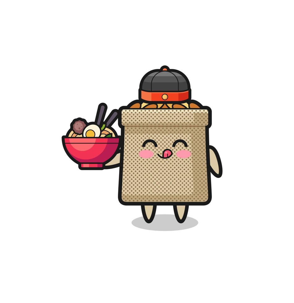 wheat sack as Chinese chef mascot holding a noodle bowl vector