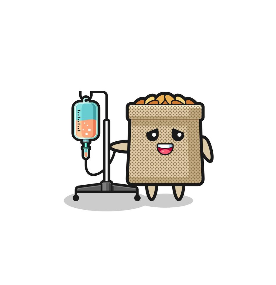 cute wheat sack character standing with infusion pole vector