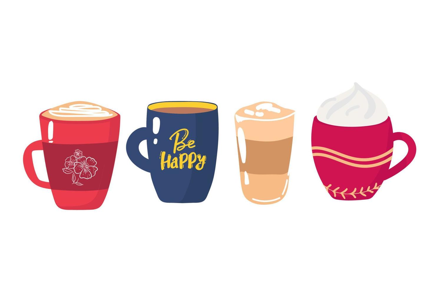 juego de ilustración de dibujos animados de taza de té y café de porcelana de colores. tazas de cerámica para matcha, diferentes bebidas y bebidas con lindos patrones escandinavos conjunto de vectores planos. vajilla, cocina, concepto de cafetería