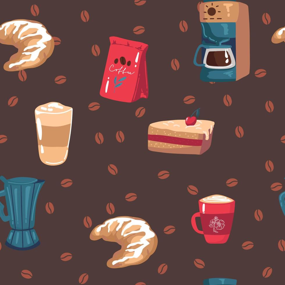 Vector set collection design seamless pattern with hand drawn cute sweet coffee cups and desserts