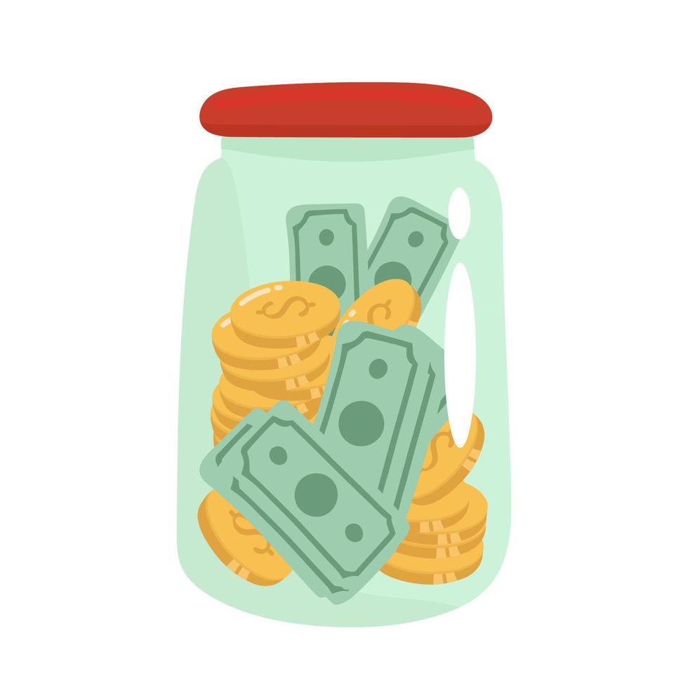 couple saving money. cash into glass jar. Vector illustration for finance, deposit, economy, investment, banking, concept