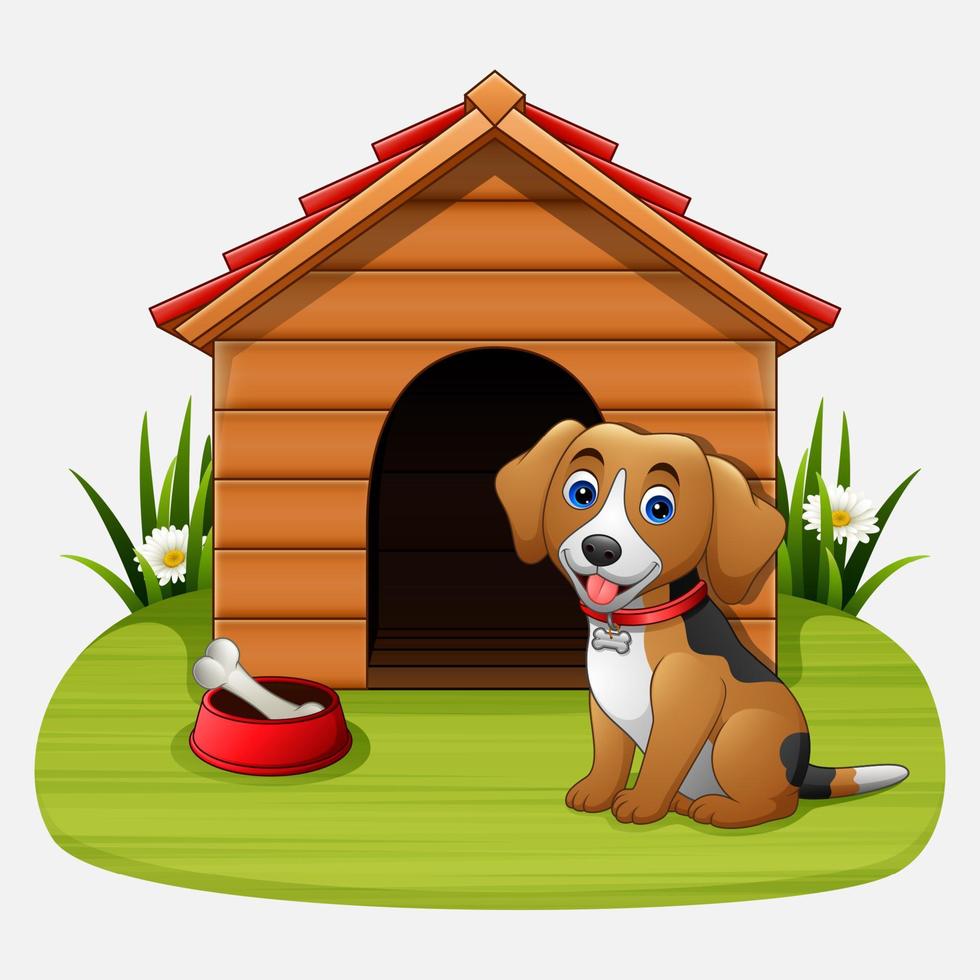 Cute dog sitting in front of kennel vector
