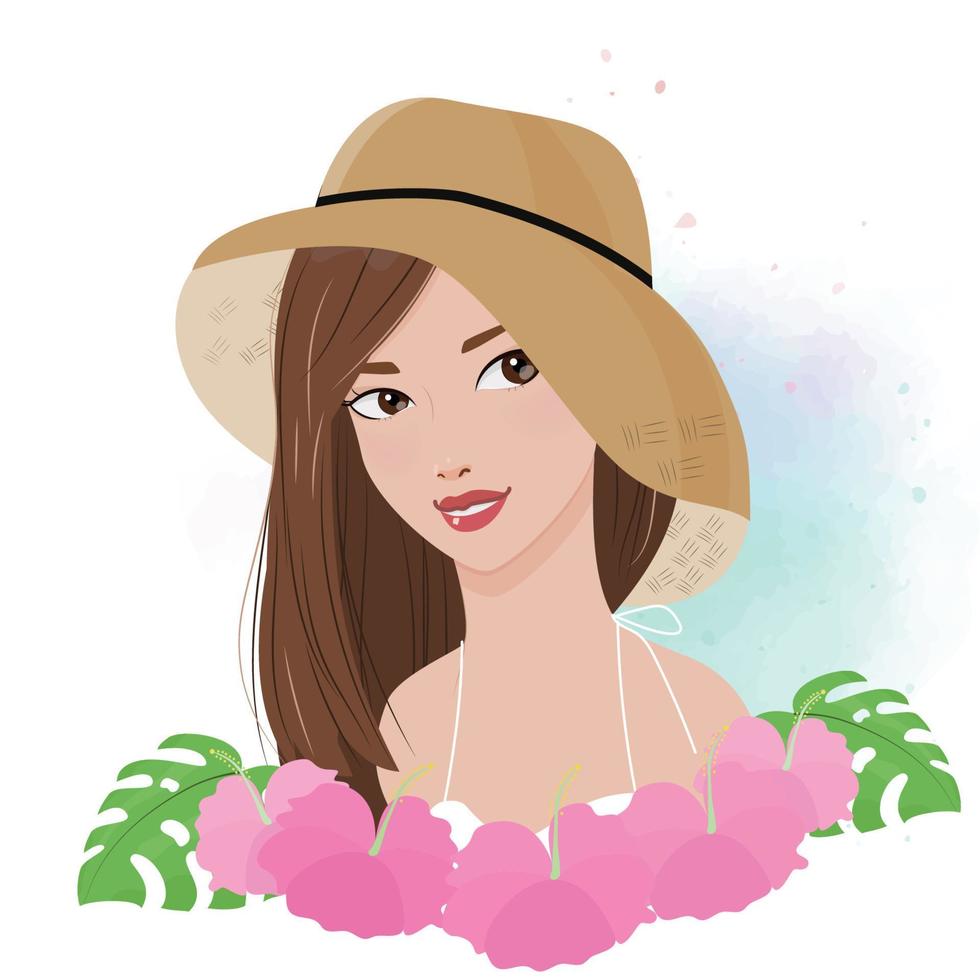hermosa mujer usa sombrero para el sol retrato con flor de hibisco rosa sobre fondo de acuarela ilustración de moda de verano vector