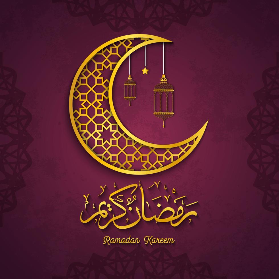 Ramadan Kareem greeting card with golden crescent islamic symbol and arabic calligraphy vector