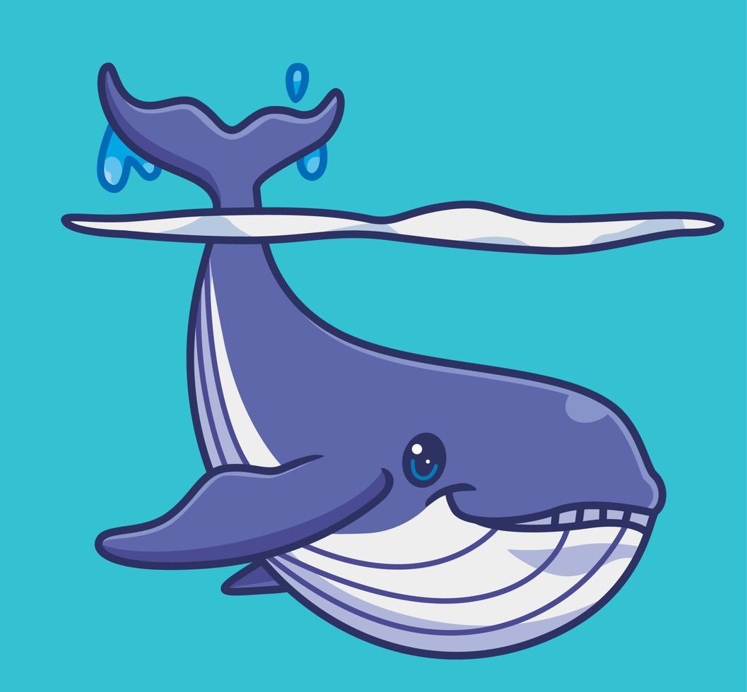 Linda ballena azul bajo la sonrisa del agua. ilustración animal de dibujos animados aislados. vector de logotipo premium de diseño de icono de etiqueta de estilo plano. personaje mascota