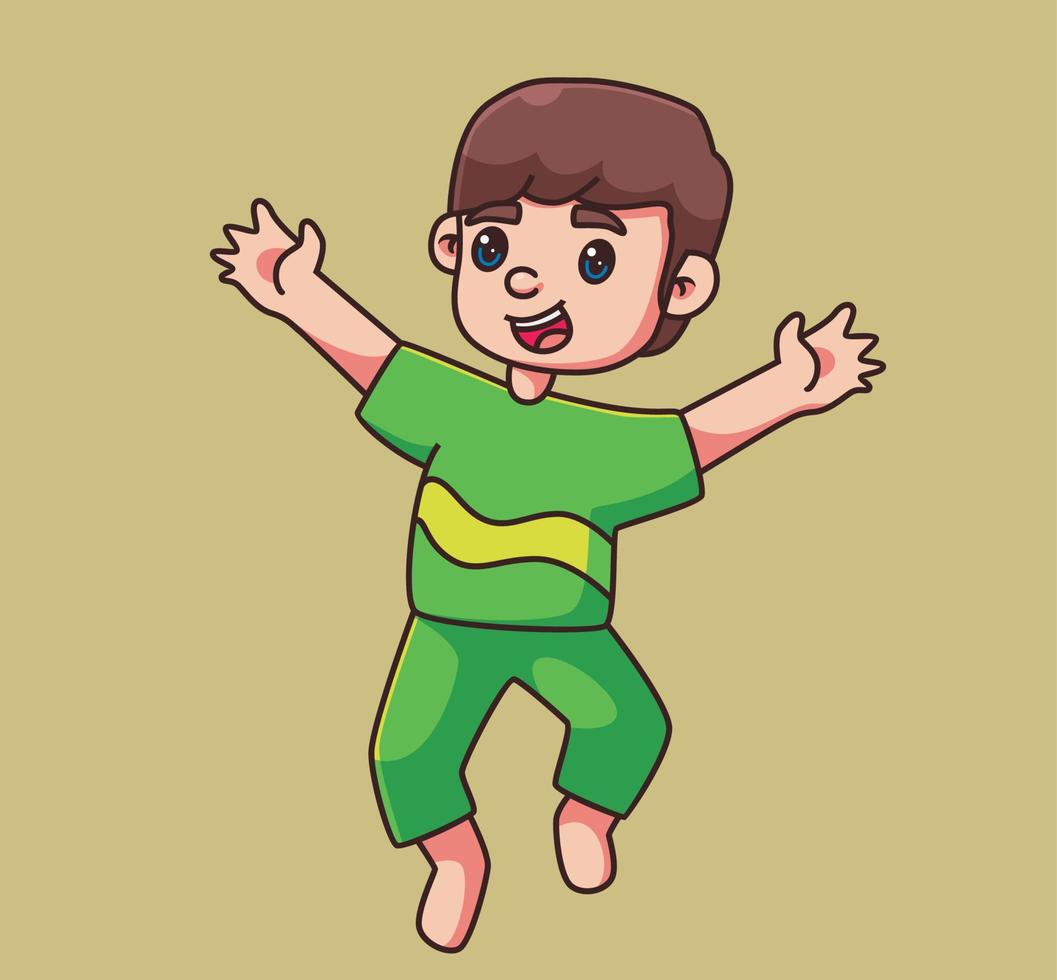 cute boy jumping hands up. Isolated cartoon person illustration. Flat Style Sticker element vector