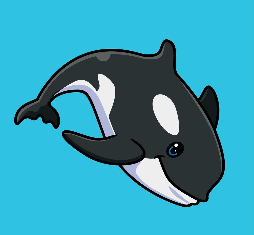 linda orca en el mar. ilustración animal de dibujos animados aislados. vector de logotipo premium de diseño de icono de etiqueta de estilo plano. personaje mascota