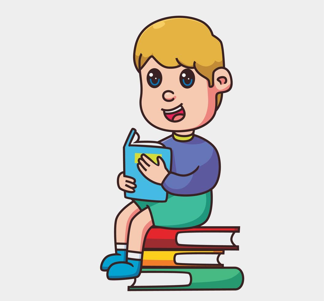 little children boy reading a book cartoon vector