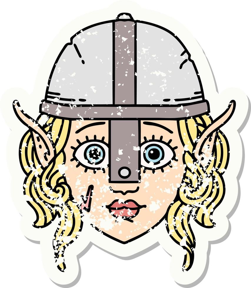 grunge sticker of a elf fighter character face vector