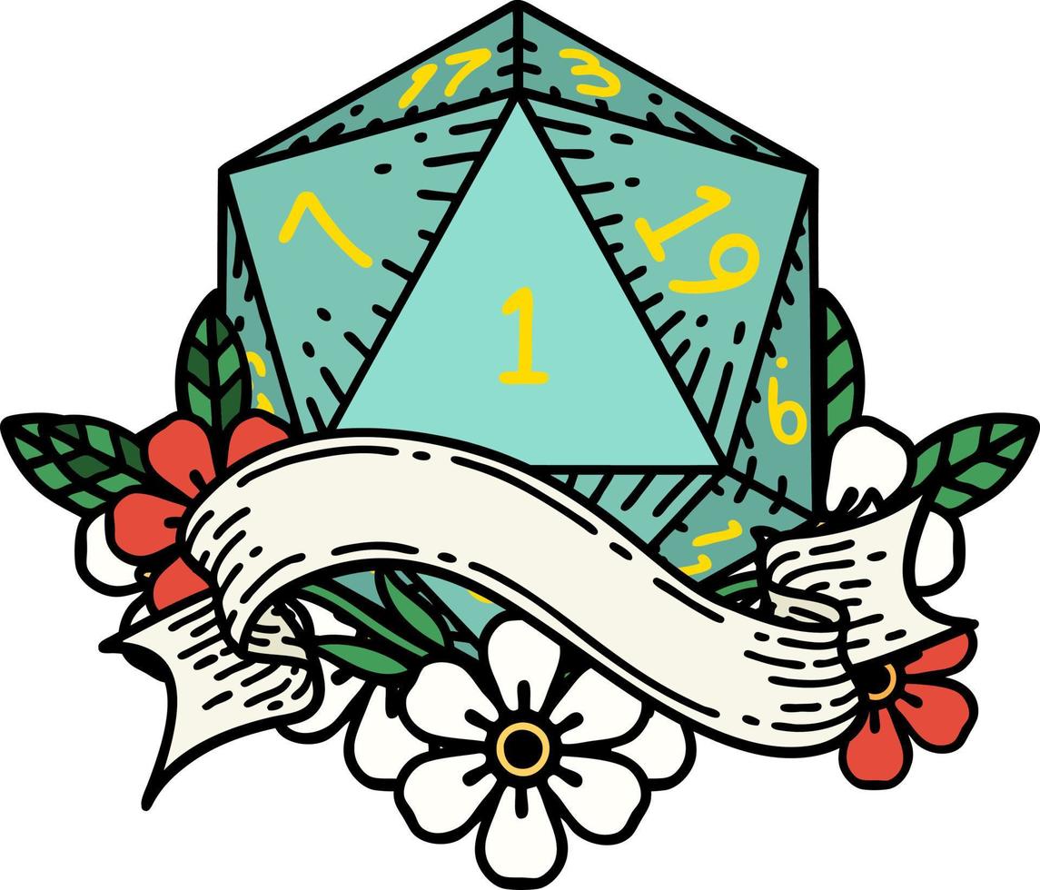 Retro Tattoo Style natural one d20 dice roll vector