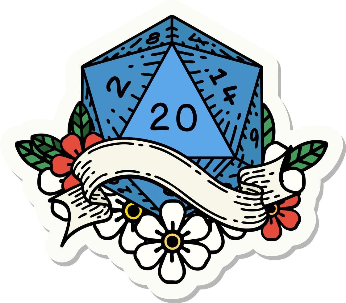 sticker of a natural twenty D20 dice roll vector