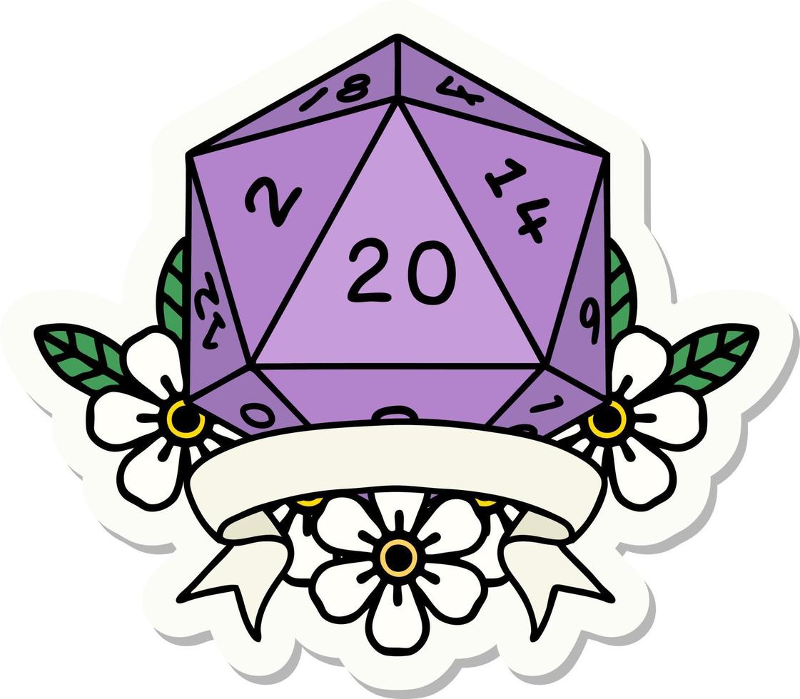 sticker of a natural 20 critical hit D20 dice roll vector