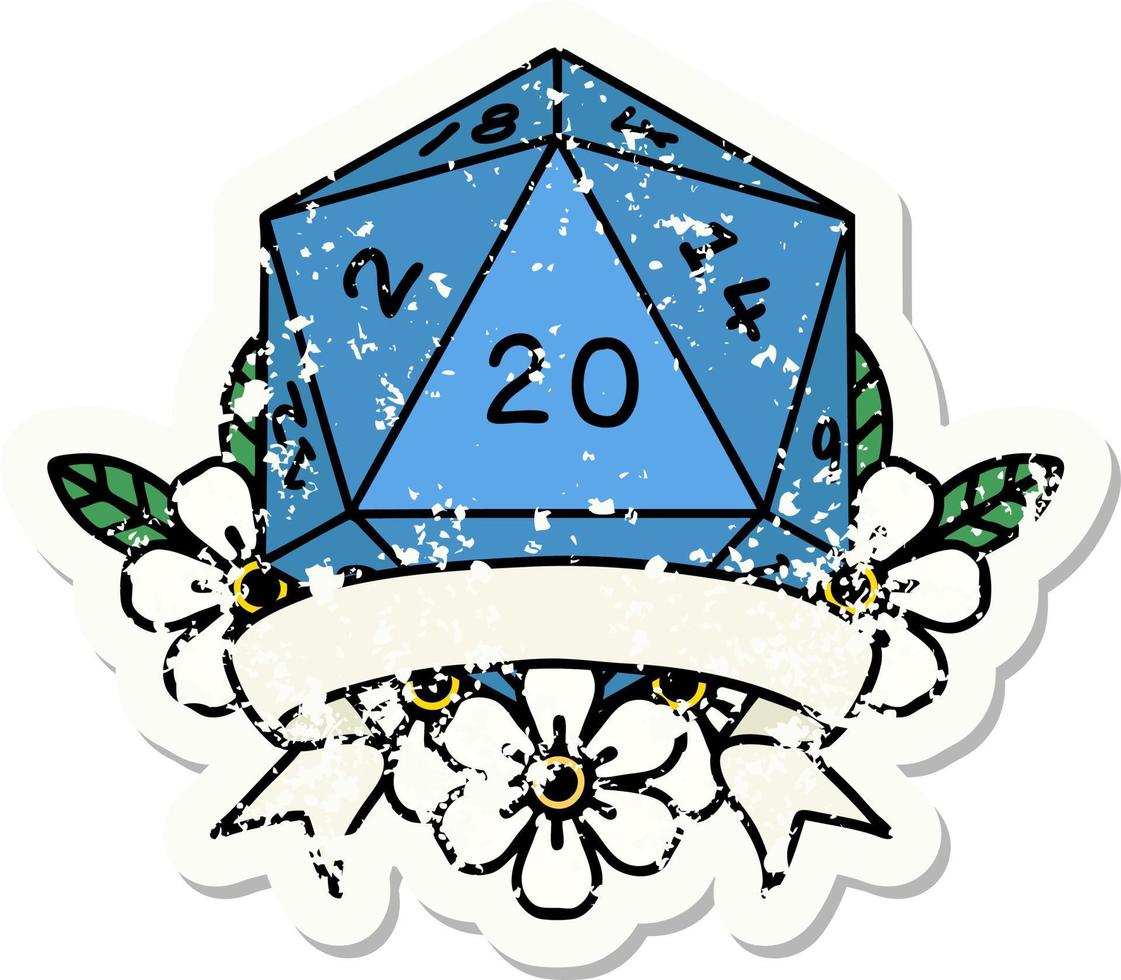 grunge sticker of a natural 20 critical hit D20 dice roll vector