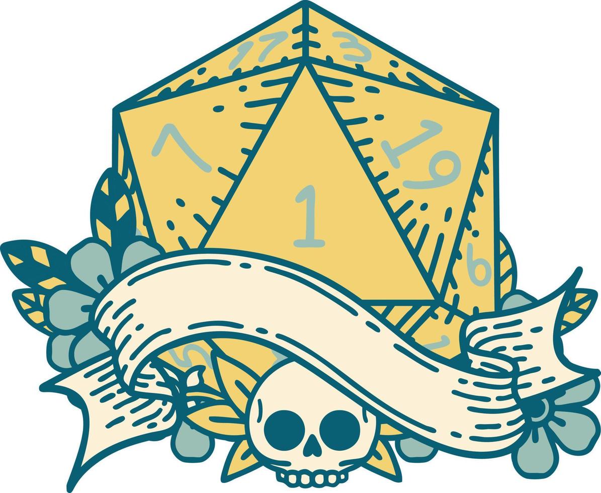 Retro Tattoo Style natural one d20 dice roll vector
