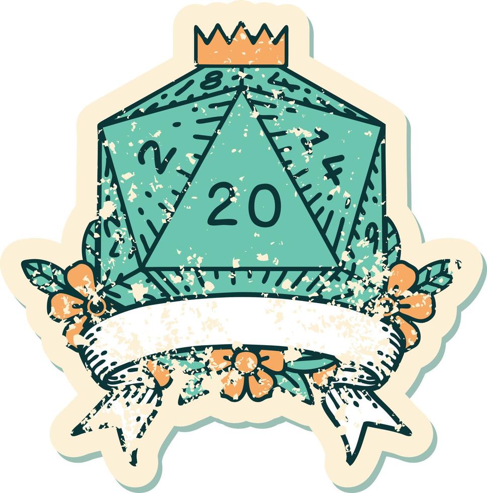 Retro Tattoo Style natural 20 critical hit D20 dice roll vector
