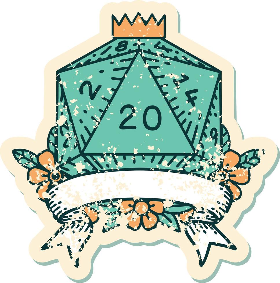 estilo de tatuaje retro natural 20 golpe crítico d20 tirada de dados vector