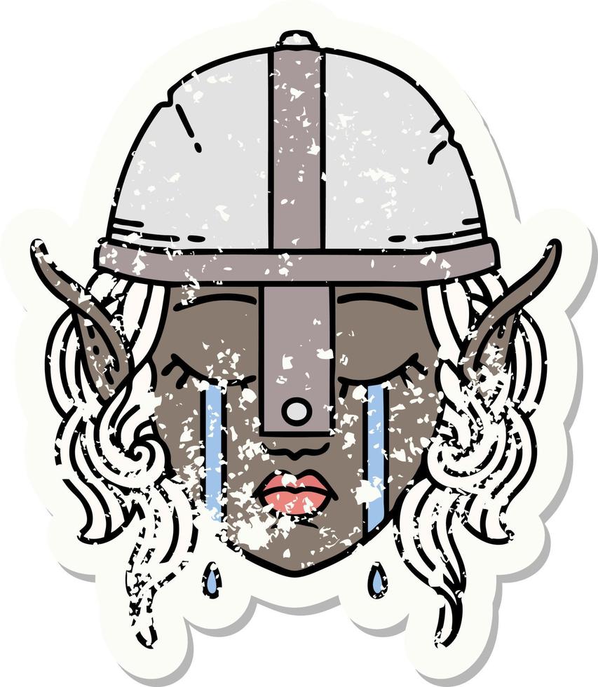 Retro Tattoo Style crying elven fighter character face vector