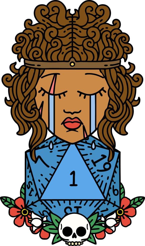 Retro Tattoo Style crying human barbarian with natural one D20 roll vector