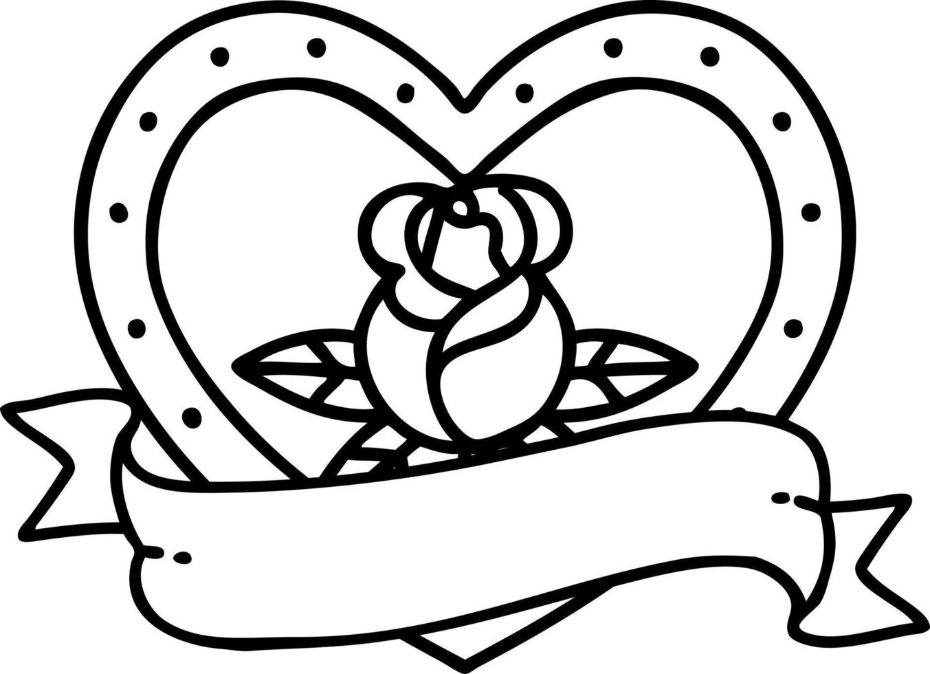tatuaje en estilo de línea negra de un corazón rosa y pancarta vector