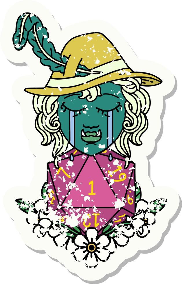 Retro Tattoo Style sad half orc bard character with natural one d20 roll vector