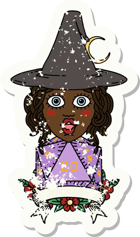 Retro Tattoo Style human witch with natural twenty dice roll vector