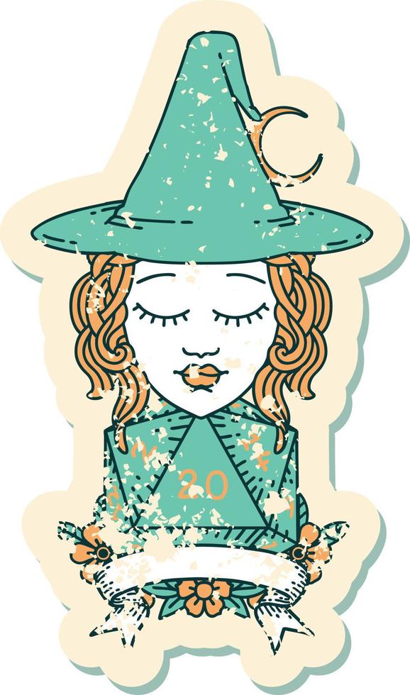Retro Tattoo Style human witch with natural twenty dice roll vector