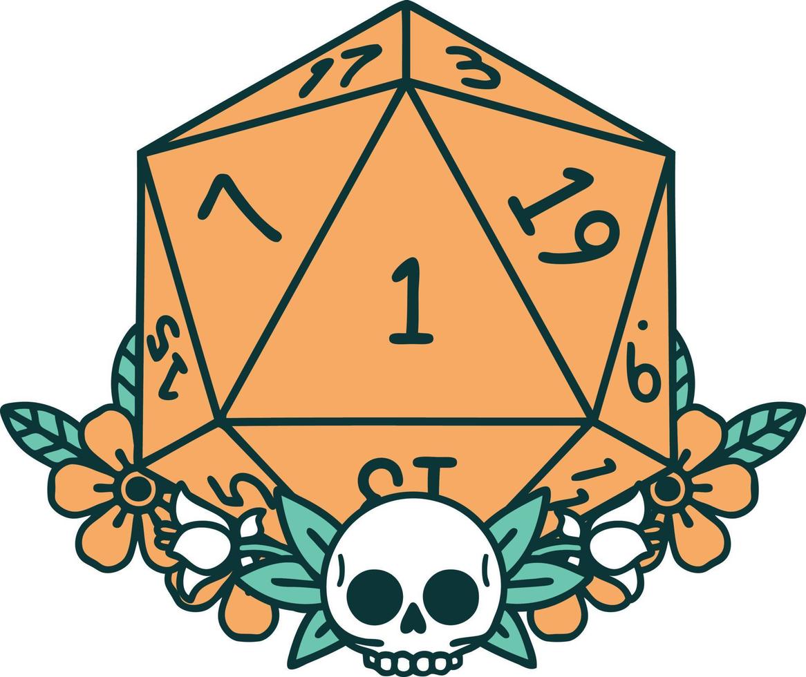 Retro Tattoo Style natural one dice roll with floral elements vector