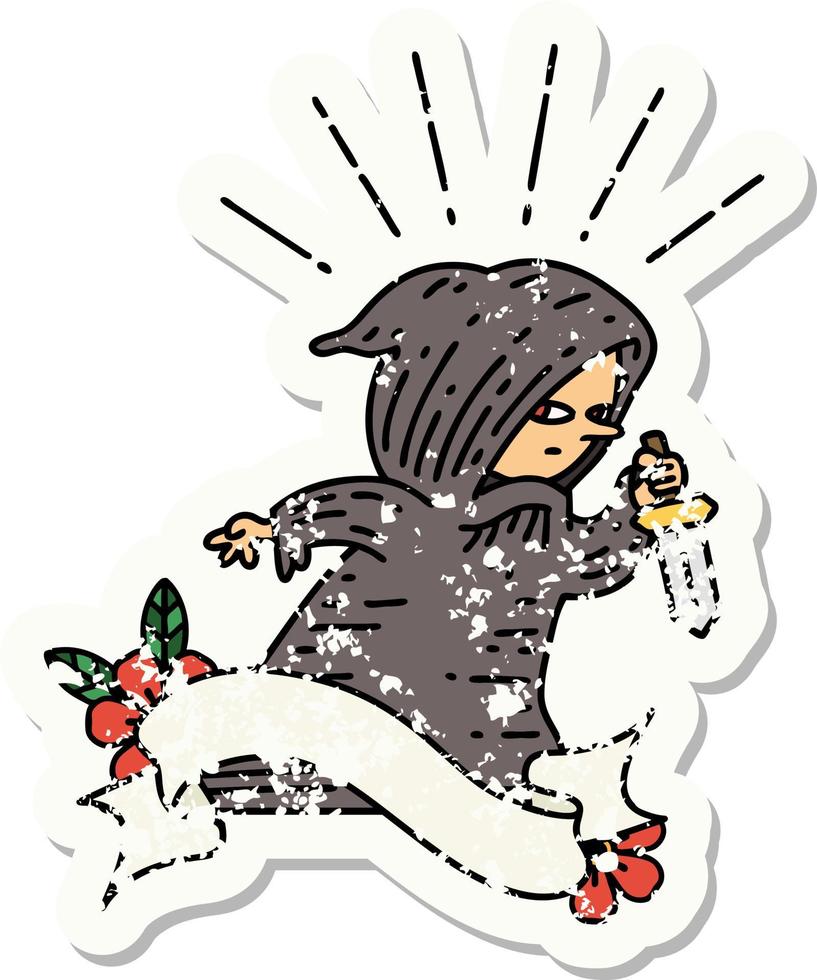 worn old sticker of a tattoo style assassin with knife vector